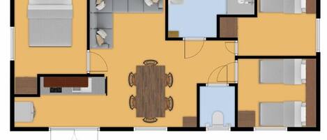 Plano de planta de una habitación de hotel con sala de estar, mesa de comedor, cocina y baño.