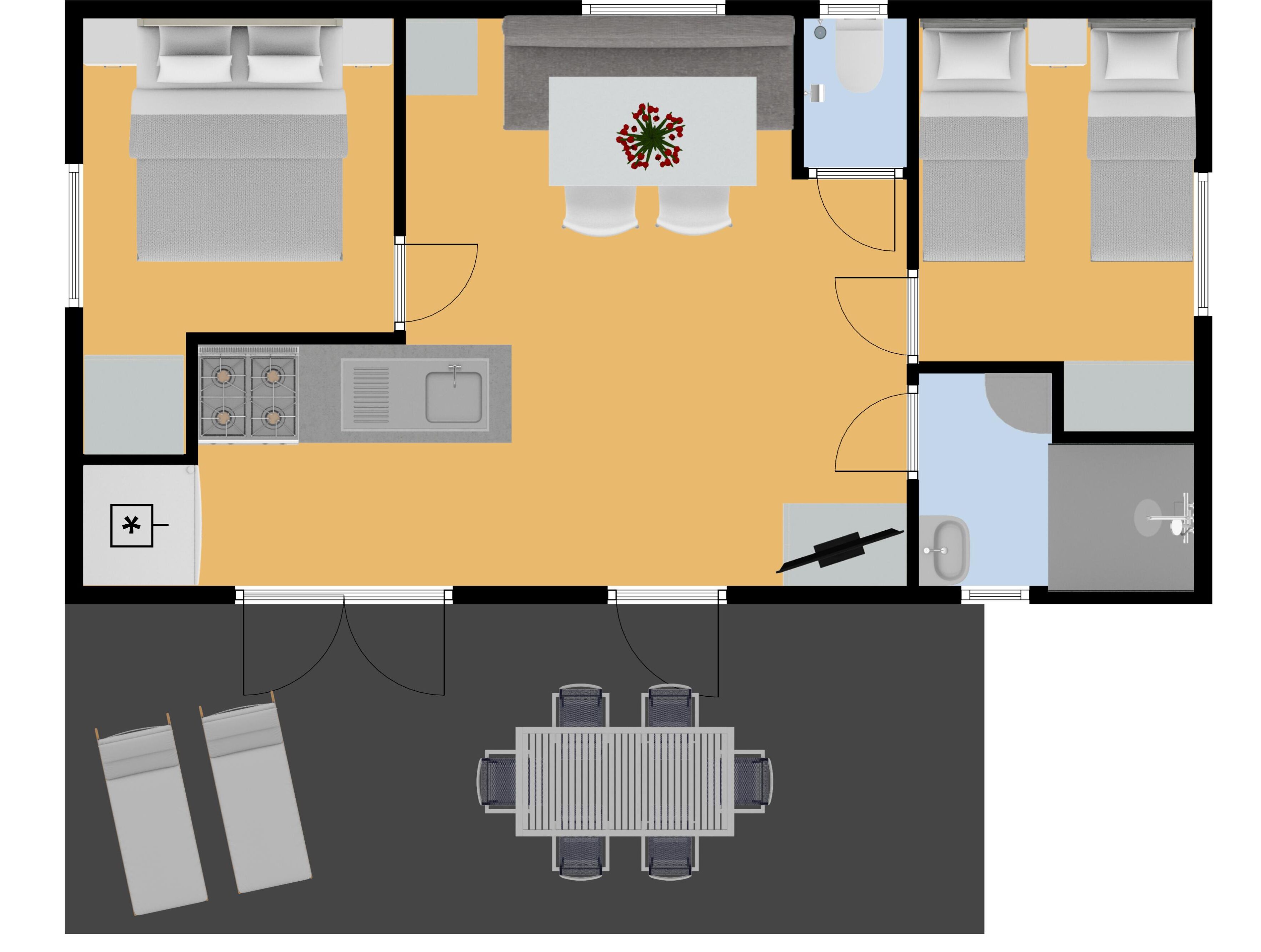 A hotel room layout with a bed, a desk, a chair, a small bathroom, and a dining area with a table and chairs.
