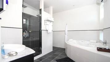 Shower, hydromassage showerhead, designer toiletries, hair dryer