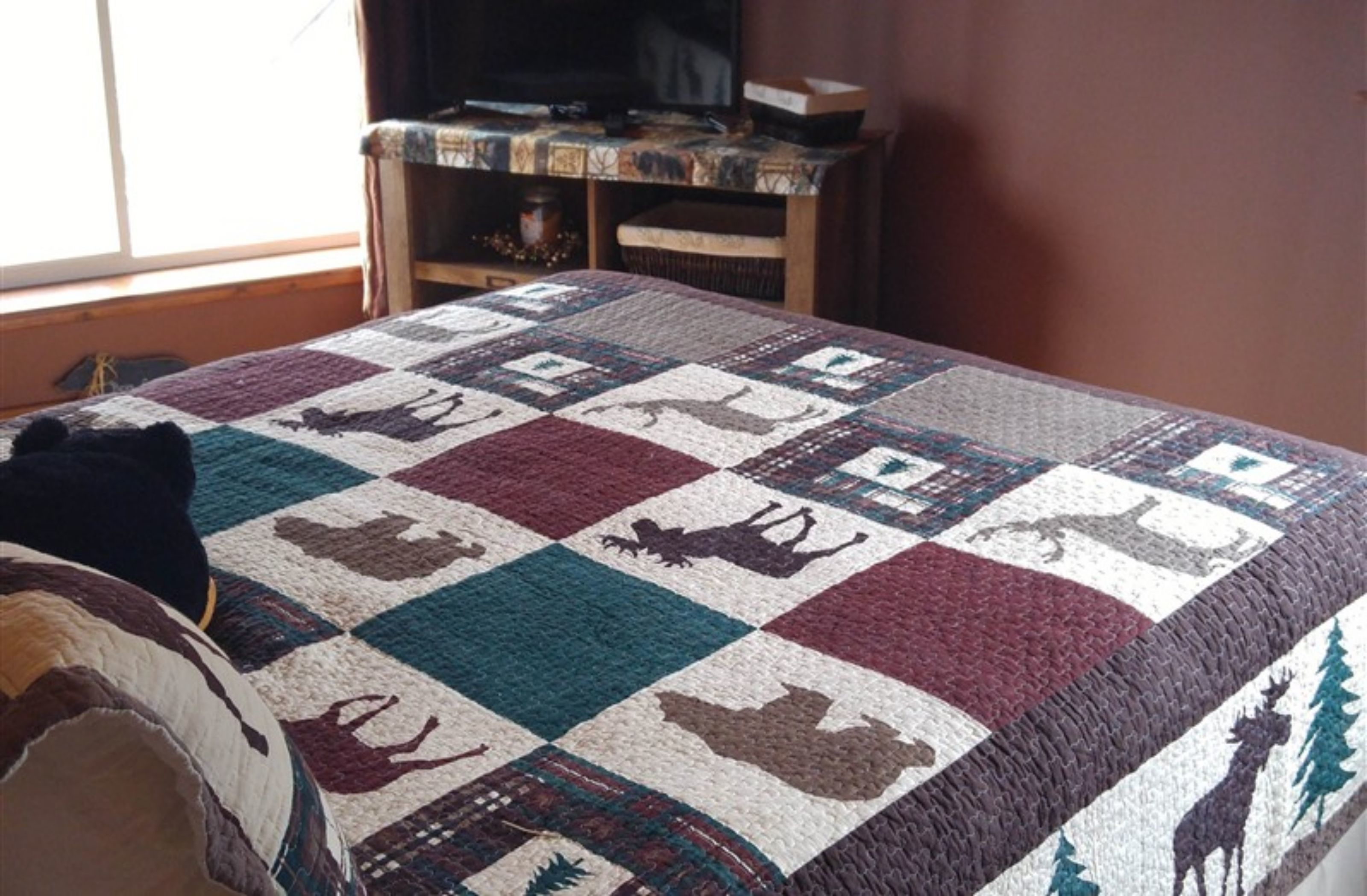 A bed with a quilt featuring animal patterns, a television on a wooden stand, and a window with natural light.