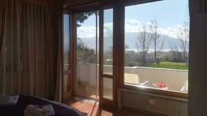 A room with a bed, a window with a view of a balcony, and a radiator. - Il Giardino di Villa Anna (Trecase)