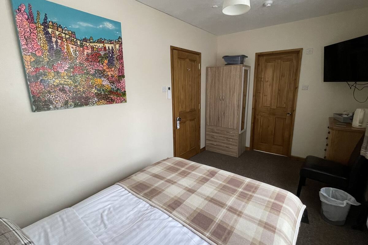 A bedroom with a bed, a painting, a wardrobe, a television, and a radiator.