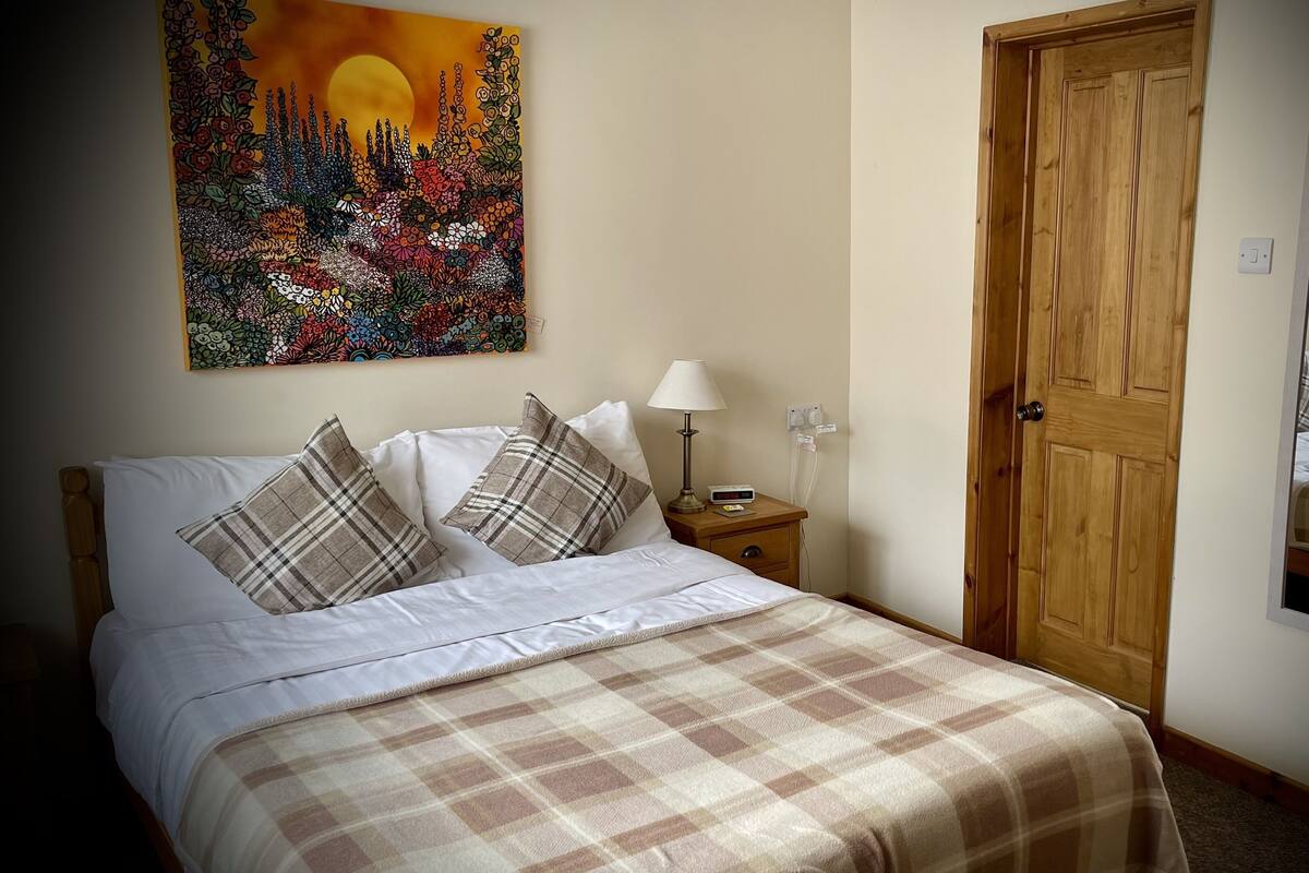 A neatly made bed with a plaid blanket, a bedside lamp, and a wall-mounted painting of a floral landscape.