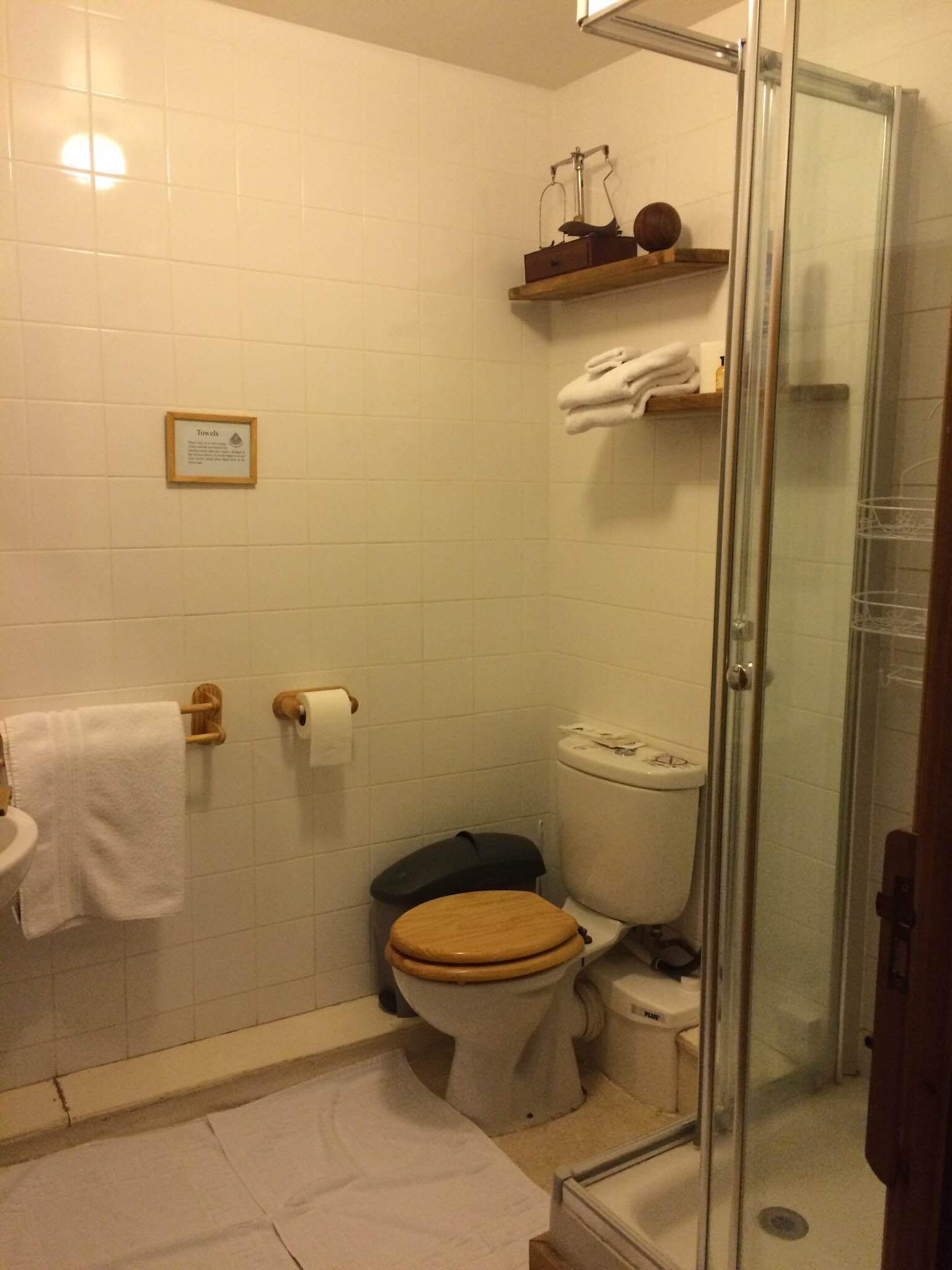 Een badkamer met een toilet, een douche en een handdoekhouder.