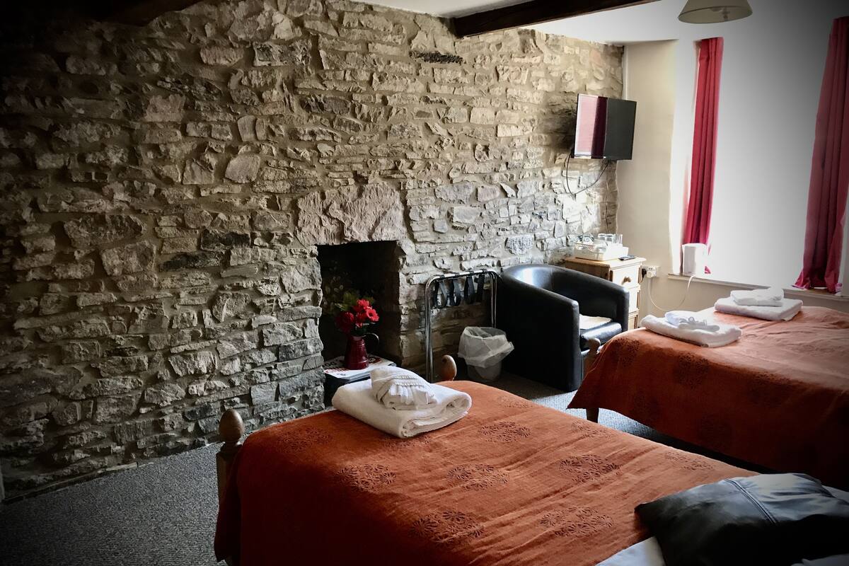 A room with a stone wall, two beds with orange bedding, a black chair, a small table with a vase of red flowers, and a fireplace.