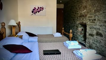 Een hotelkamer met twee bedden, een stenen muur, een radiator, een lamp en een bloemen schilderij.