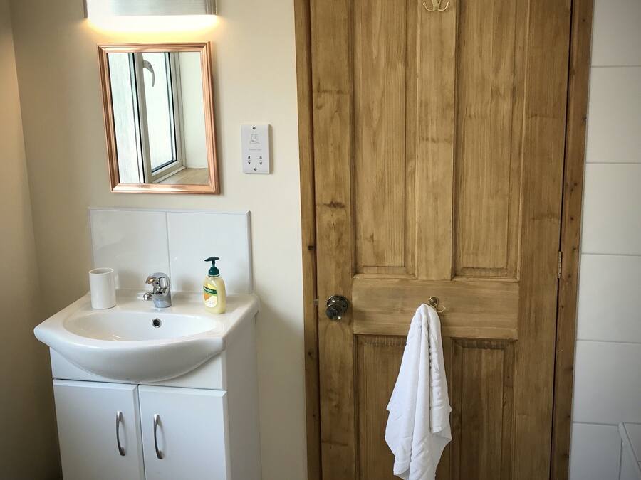 A bathroom with a white sink, mirror, and wooden door.