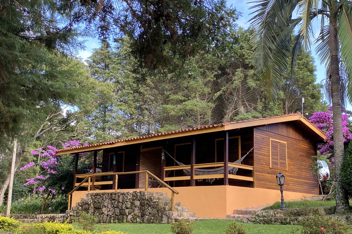 Uma cabana de madeira com base de pedra, rodeada por vegetação exuberante e árvores.