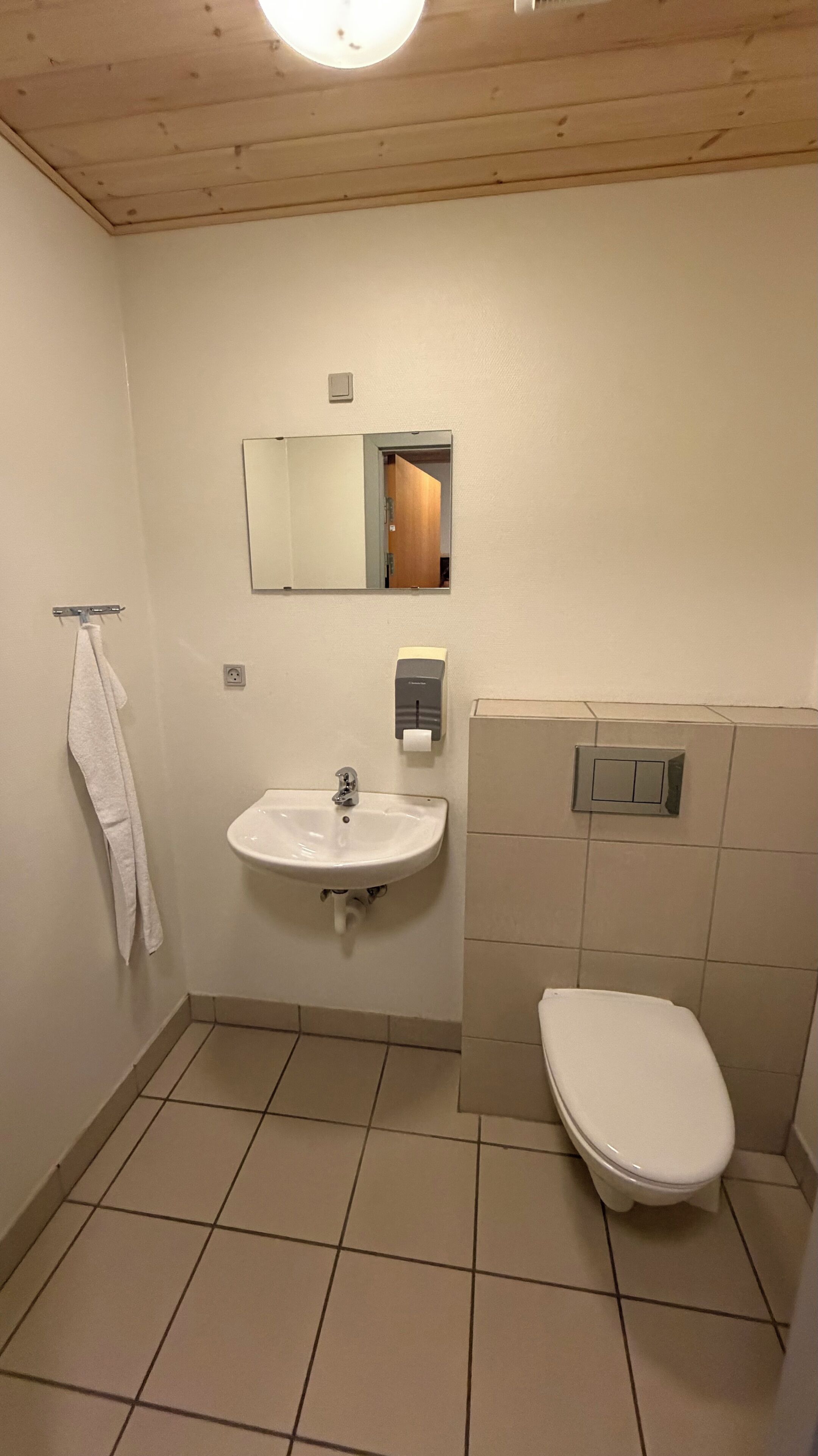 A bathroom with a sink, toilet, mirror, and towel rack.