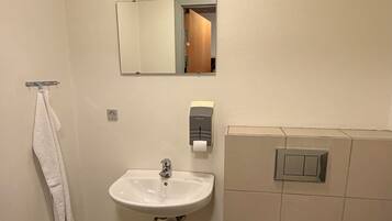 A bathroom with a sink, toilet, mirror, and towel rack.