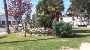 A landscaped garden with palm trees, a rock formation, and a bench. - La Llar de Laura (Amposta)