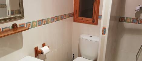 Un baño con lavamanos, inodoro y ducha.
