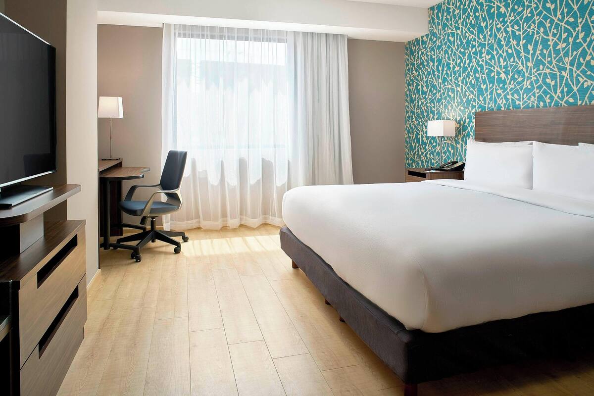 A hotel room with a large bed, a desk with a chair, a television, and a patterned wall.