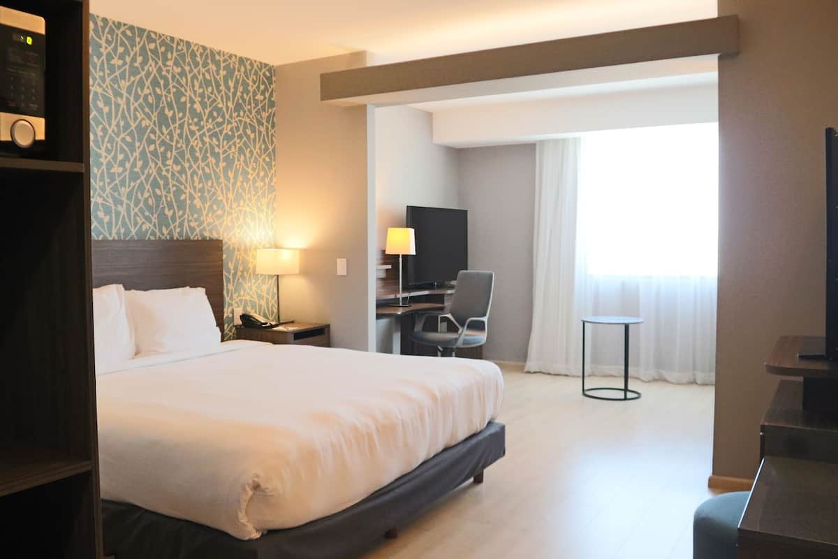 A hotel room with a bed, a desk, a chair, a TV, and a minibar.
