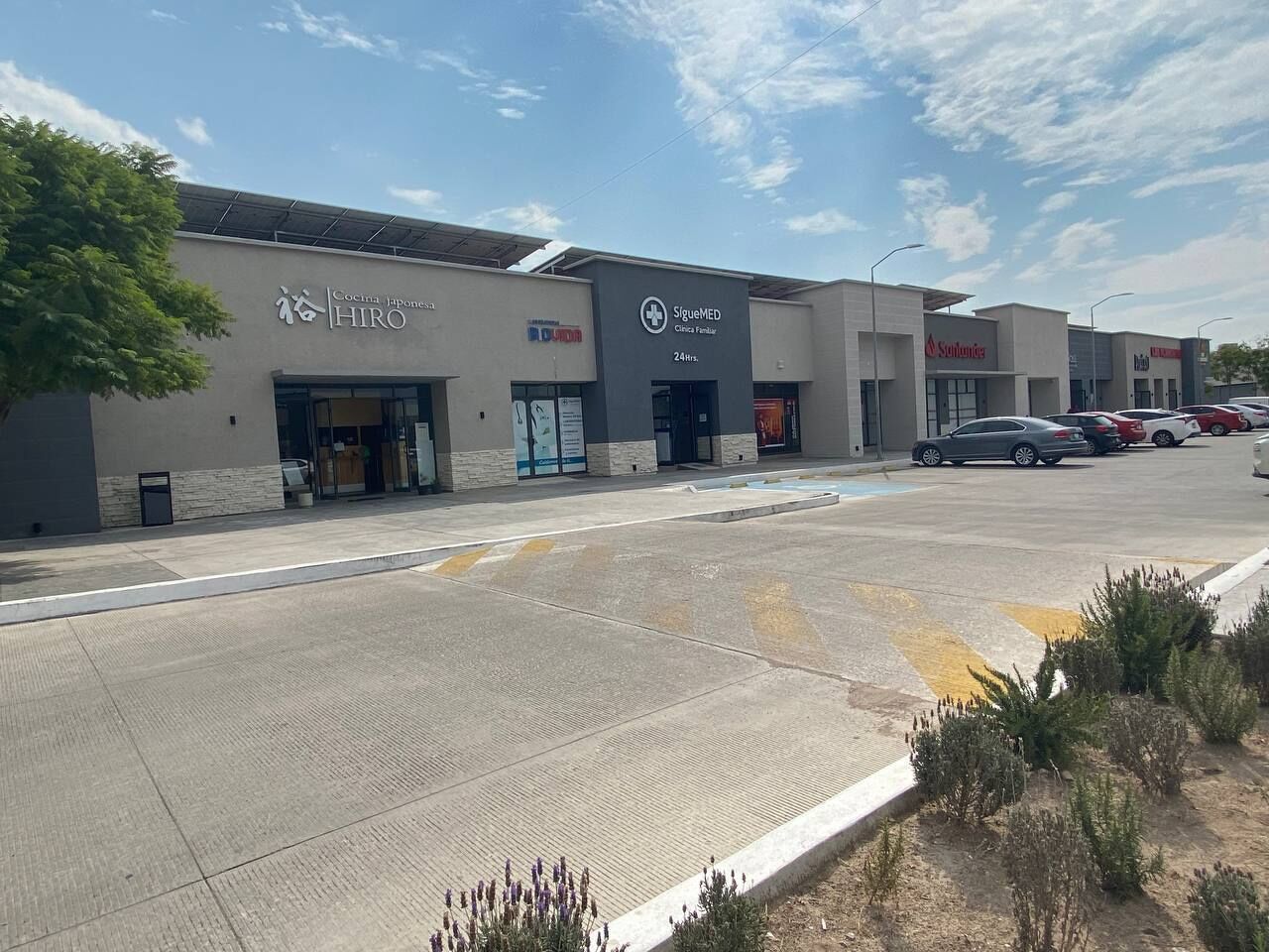 A parking lot with several commercial buildings, including a pharmacy and a medical facility.