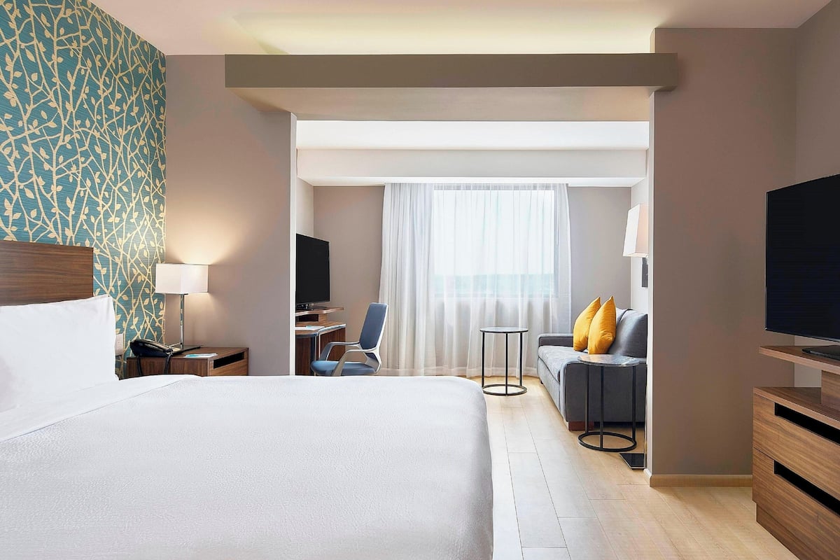 A hotel room with a large bed, a desk with a chair, a sofa with cushions, a TV, and a small table.