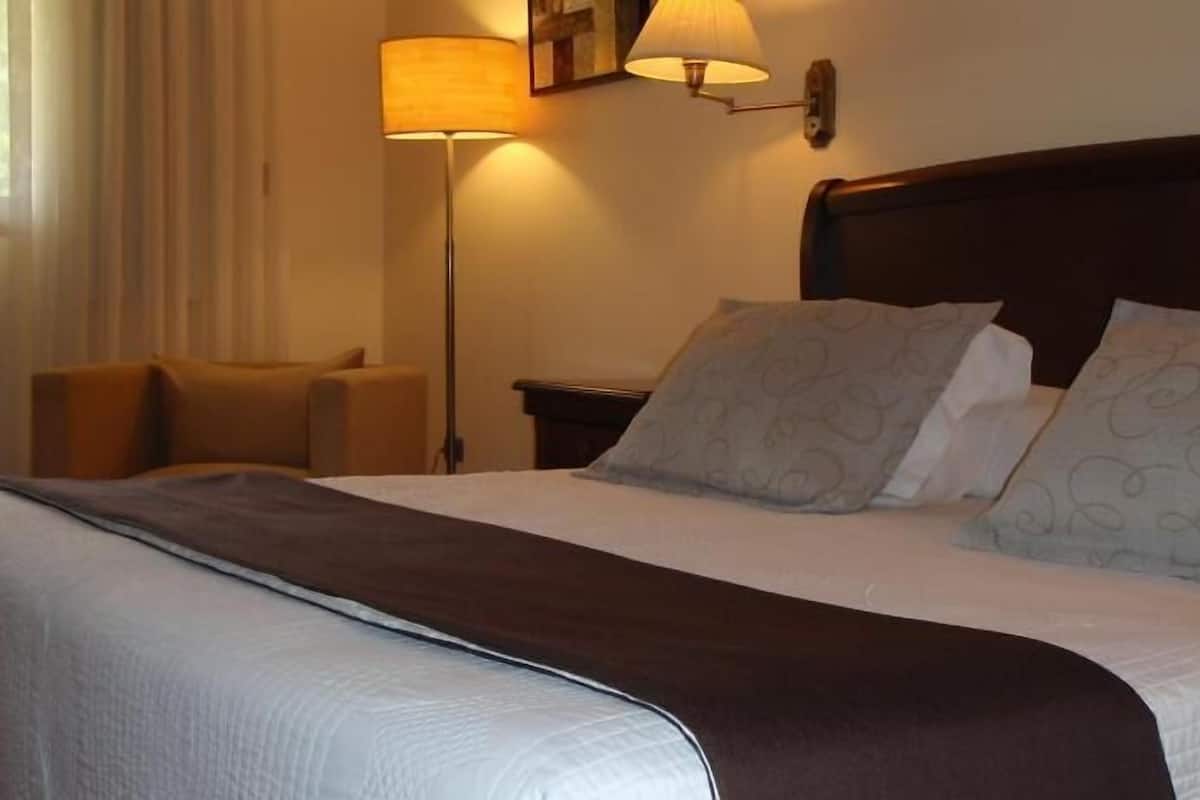 Una habitación de hotel con una cama, una mesita de noche, una lámpara y una silla.