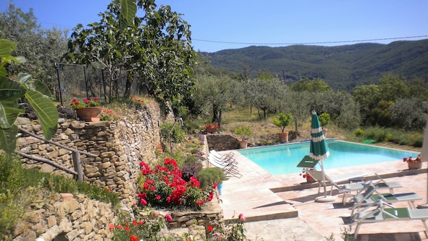 Zona de piscina con muro de piedra, diversas flores y vistas a colinas al fondo.