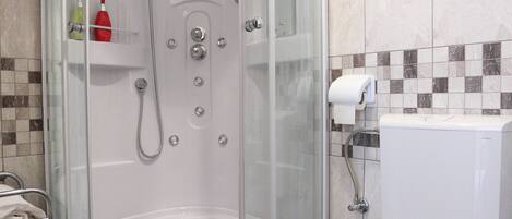 A shower enclosure with a glass door, a toilet, and a tiled wall.