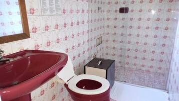 Casa de banho com lavatório vermelho, sanita e zona de duche.