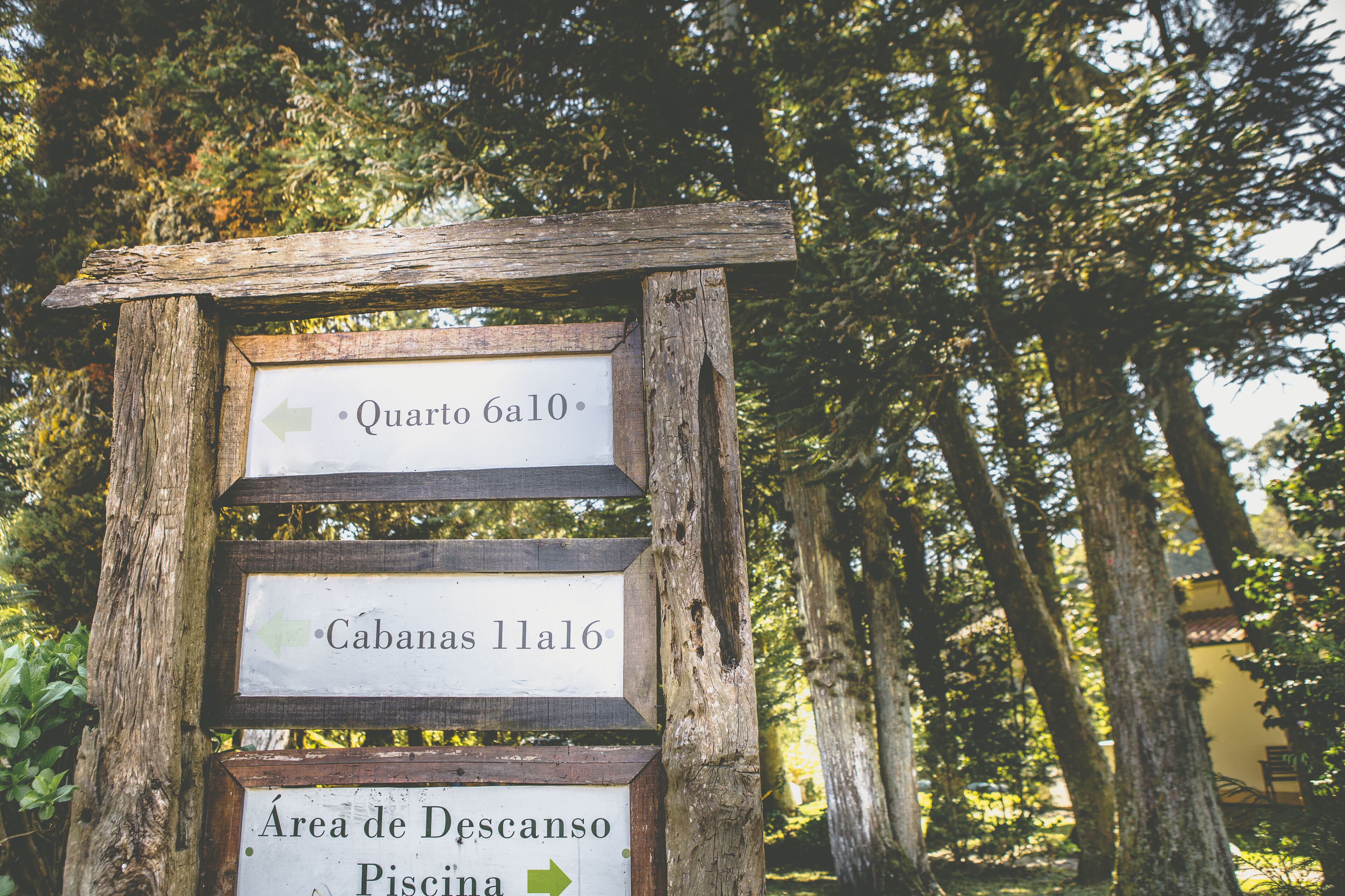 A wooden signpost with directional arrows and text indicating locations.