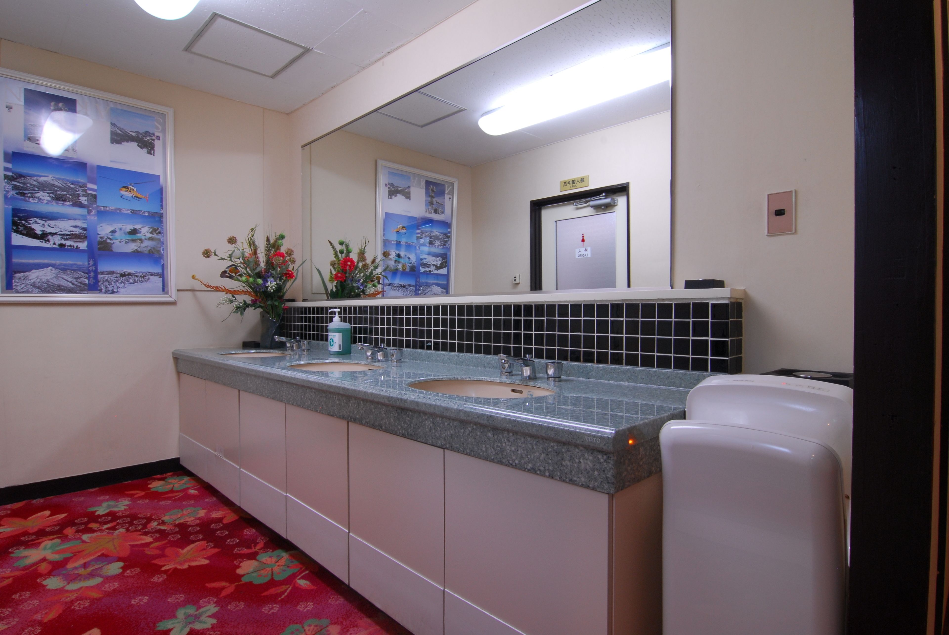 A bathroom with two sinks, a mirror, a red floral carpet, and a wall with pictures.