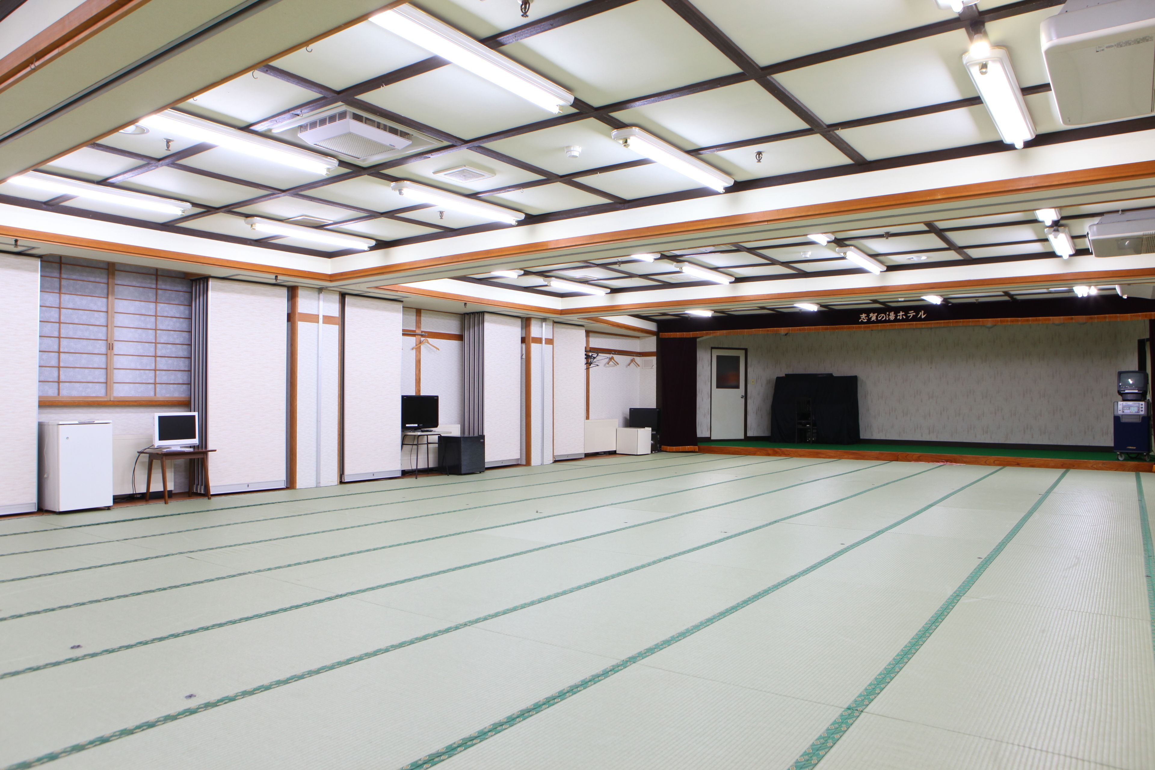 A spacious room with a tatami mat floor, a television, and a small refrigerator.