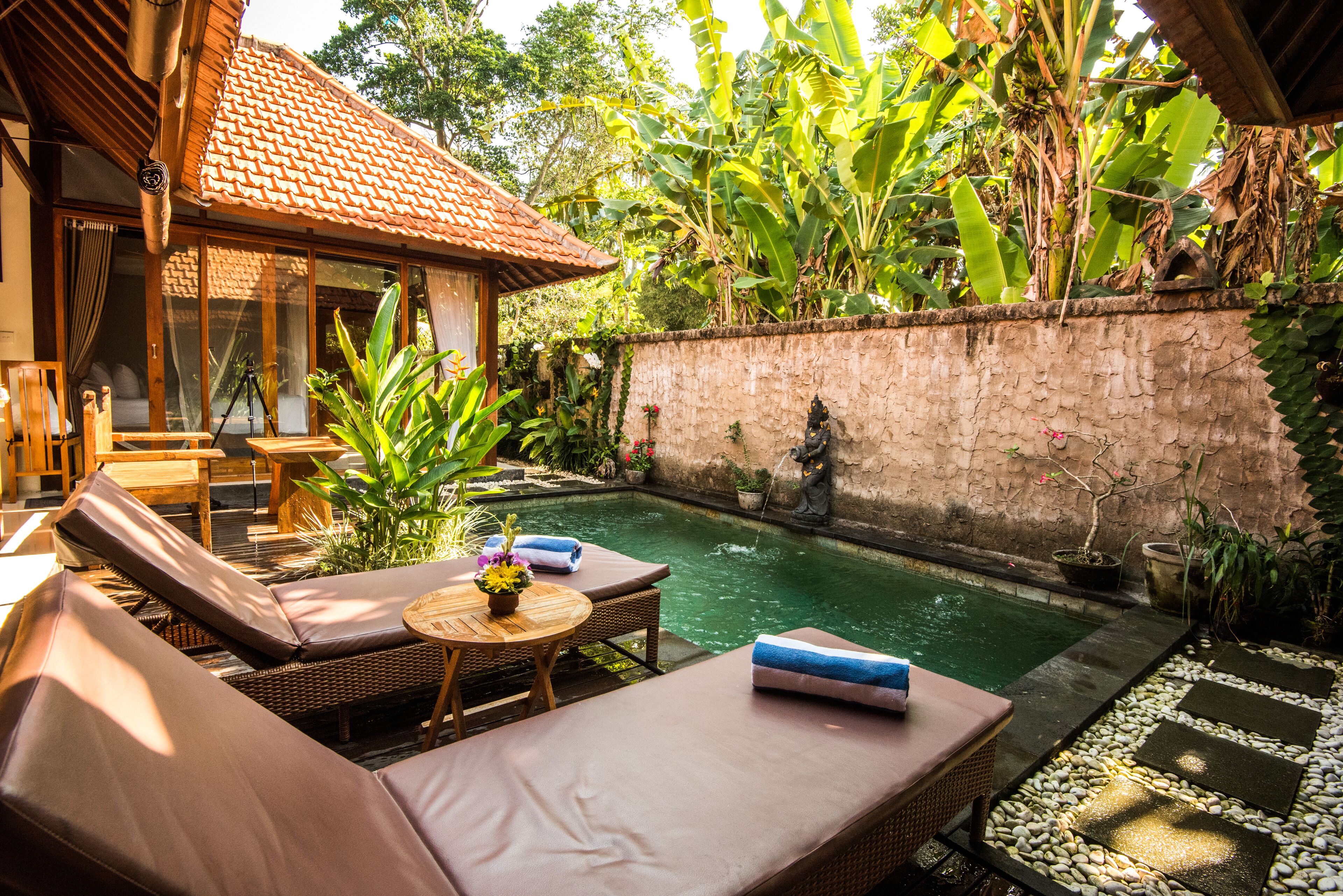 A serene outdoor pool area with lounge chairs and a small table, surrounded by lush greenery and a stone wall.