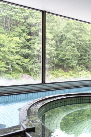 A view through a window of a swimming pool with a forest backdrop. - Hotel Tagawa (Yamanouchi)
