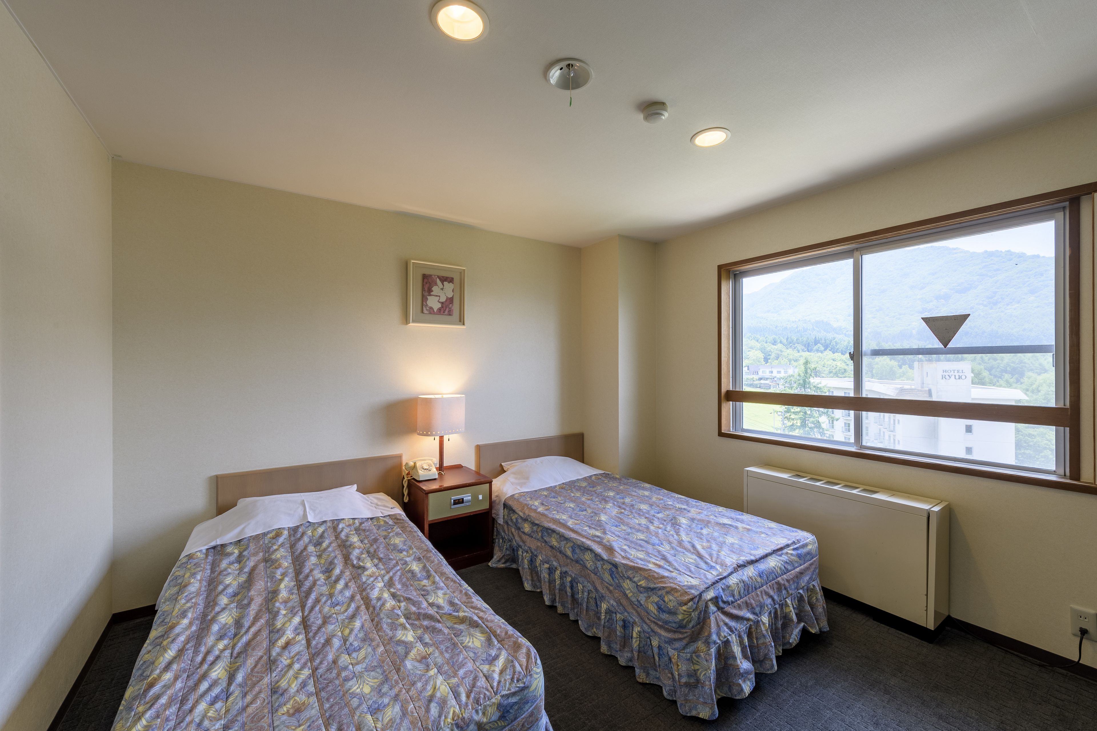 Una habitación de hotel con dos camas individuales, una mesita de noche con lámpara, una ventana con vistas a la montaña y un radiador.