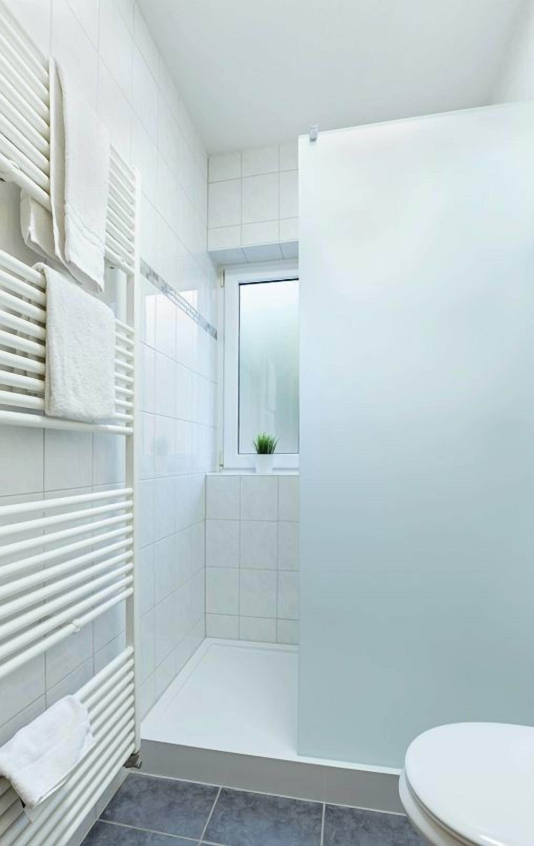 Un baño con un radiador blanco, una ducha y un inodoro.