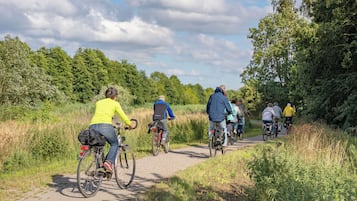 A group of cyclists on a paved path surrounded by greenery.