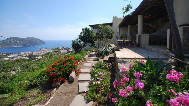 Un jardín en pendiente con un sendero de piedra que lleva a un patio con vistas al mar.