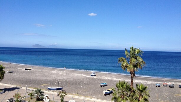 Une plage avec des bateaux, un palmier et une montagne à l’horizon.