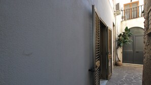 A narrow alleyway with a white wall, a metal gate, and a potted plant. - Pomice Studio (Lipari)