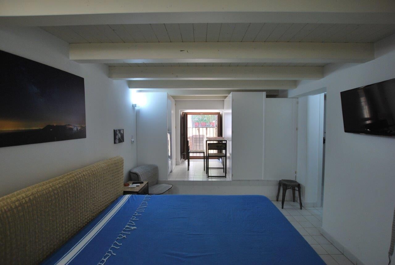 Ein Schlafzimmer mit Bett, Fernseher, einem Gemälde und Blick ins Freie.