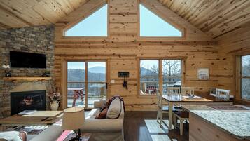 Smart-tv, een open haard, een dvd-speler en boeken