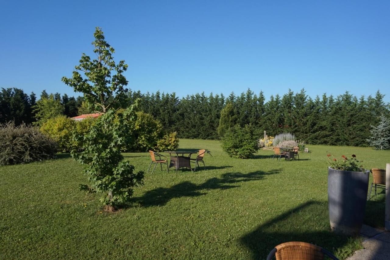 Een verzorgd gazon met een eettafel en stoelen, omgeven door bomen en een heldere lucht.