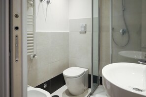 Shower, hair dryer, bidet, towels