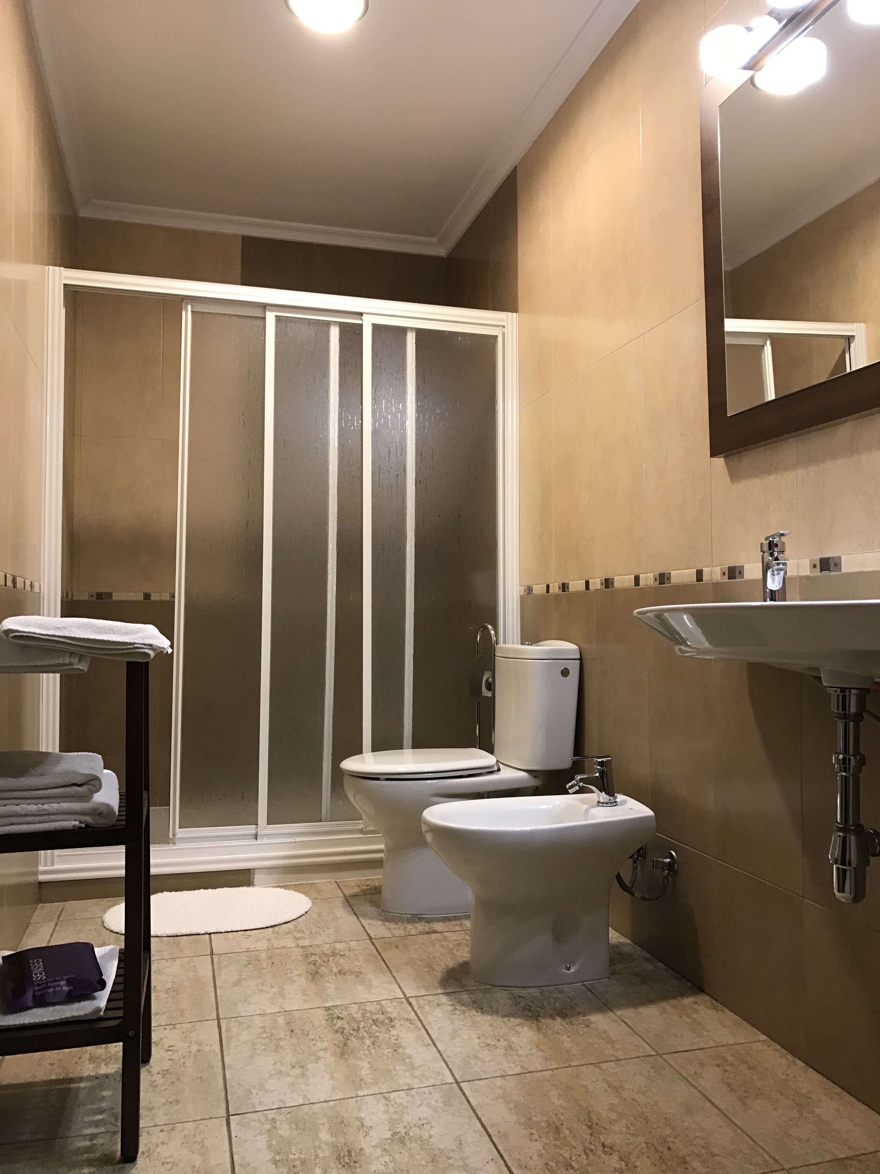 A bathroom with a shower, toilet, bidet, and sink.