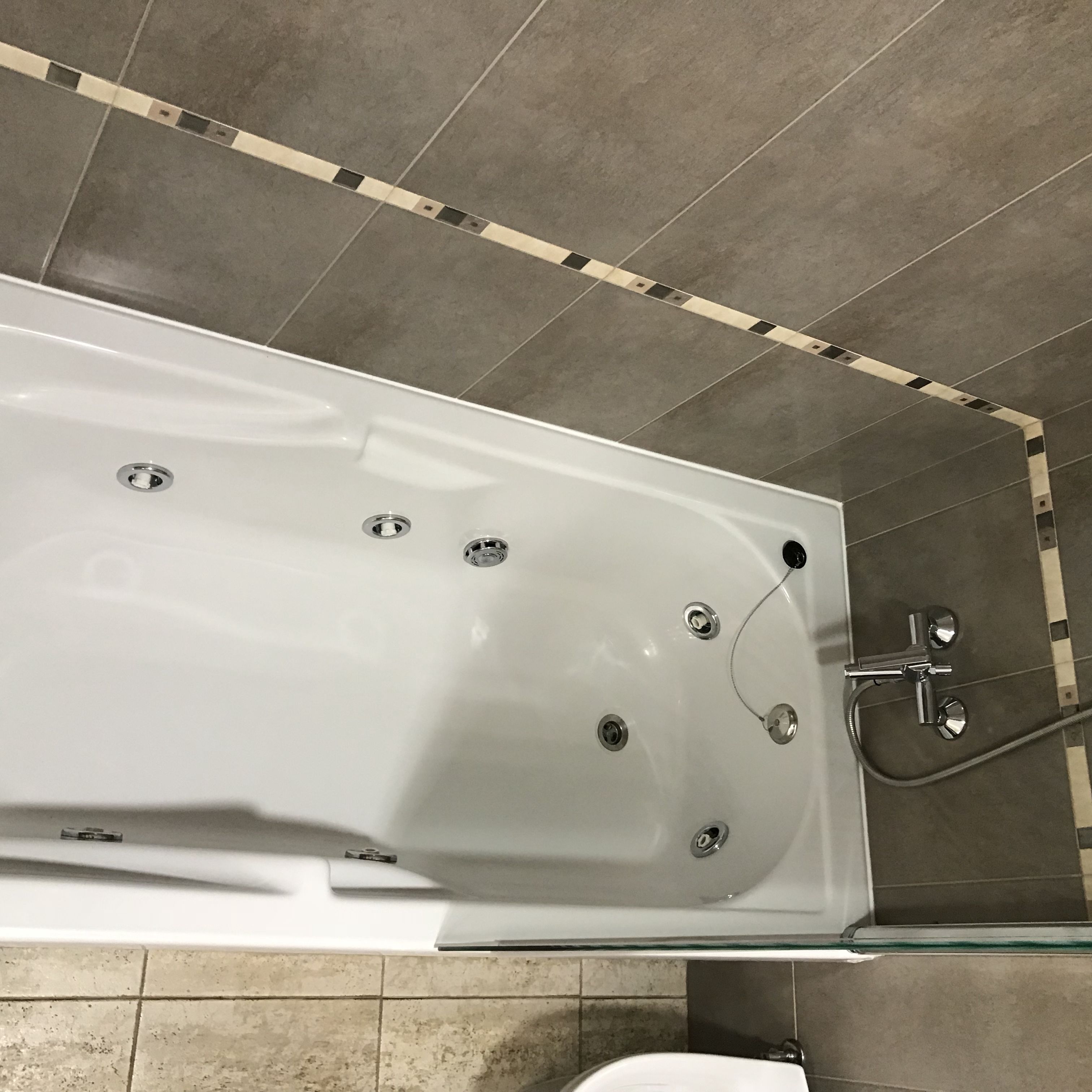 A modern bathroom with a freestanding bathtub, a glass shower enclosure, and a toilet.
