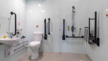 Shower, eco-friendly toiletries, hair dryer, towels