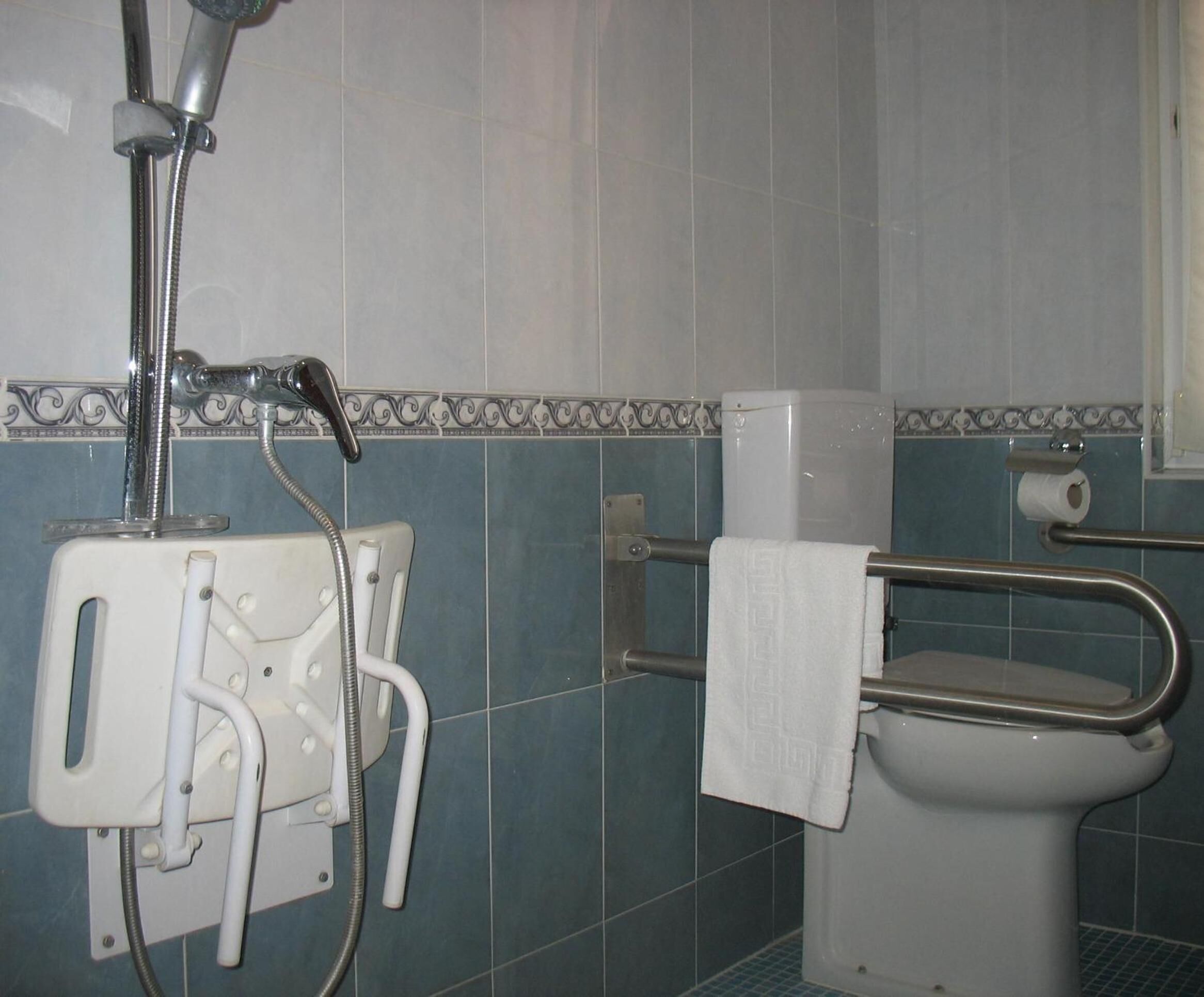 Un baño con ducha, inodoro y barras de apoyo.