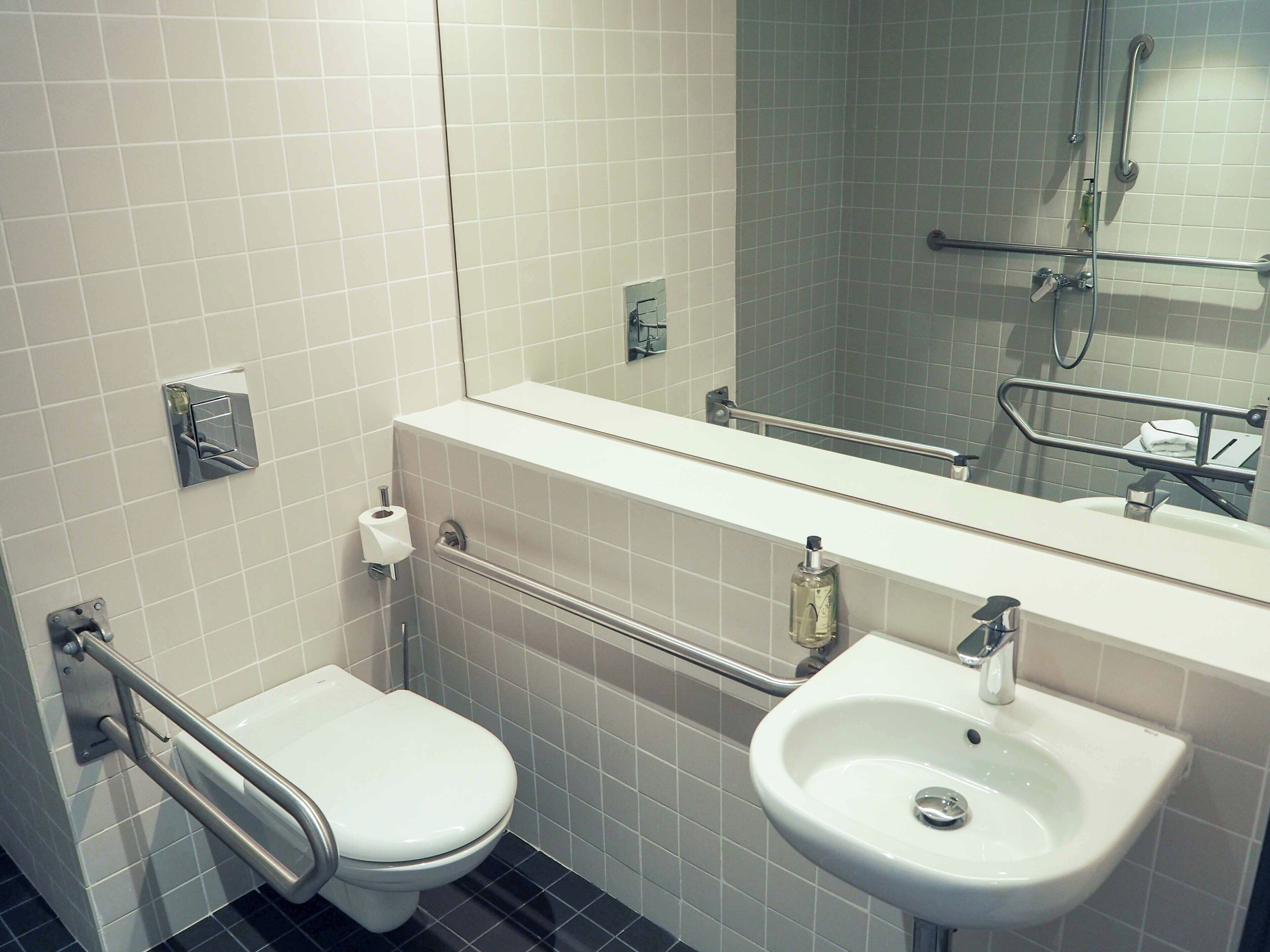Un baño con inodoro, lavabo y ducha.