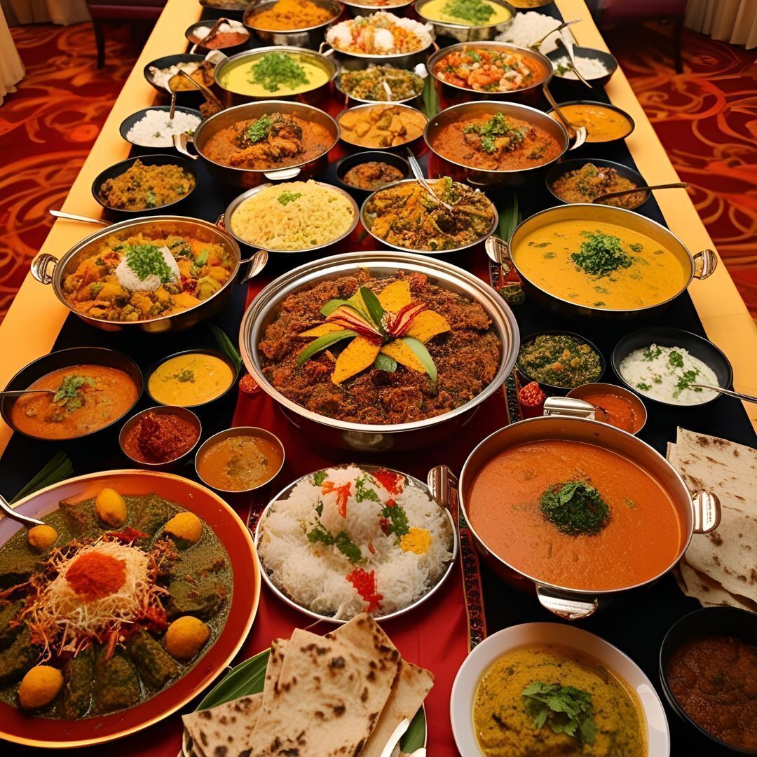 A variety of dishes arranged on a table, likely in a restaurant or dining hall.