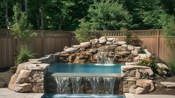 A swimming pool with a waterfall feature, surrounded by a wooden fence and landscaped with rocks and plants.
