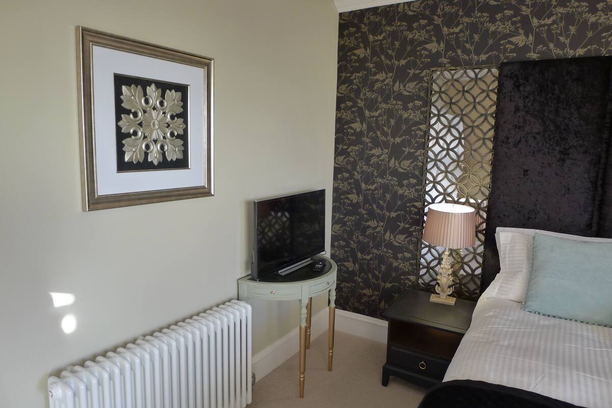 A bedroom with a bed, a bedside table with a lamp, a framed picture, a radiator, and a TV on a small table.