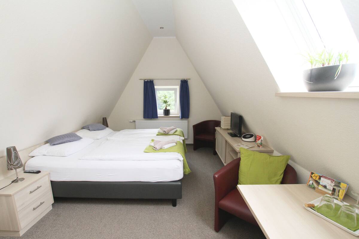 A bedroom with a bed, a desk, a chair, a TV, and a window with curtains.