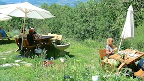 Un'area pranzo all'aperto con tavoli e sedie in legno, immersa nel verde e con montagne sullo sfondo.
