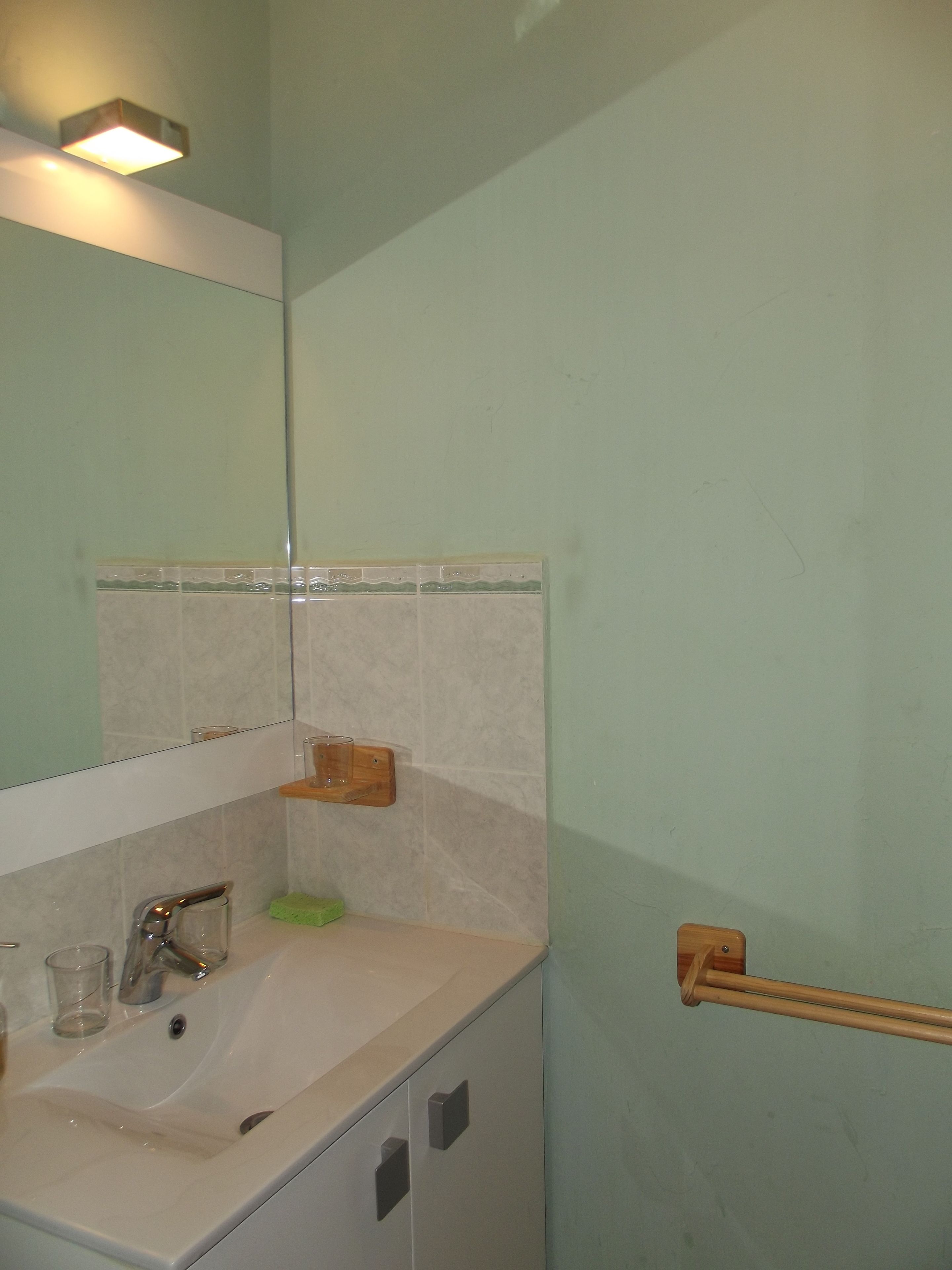 Une salle de bain avec un lavabo blanc, un miroir et un porte-serviettes.